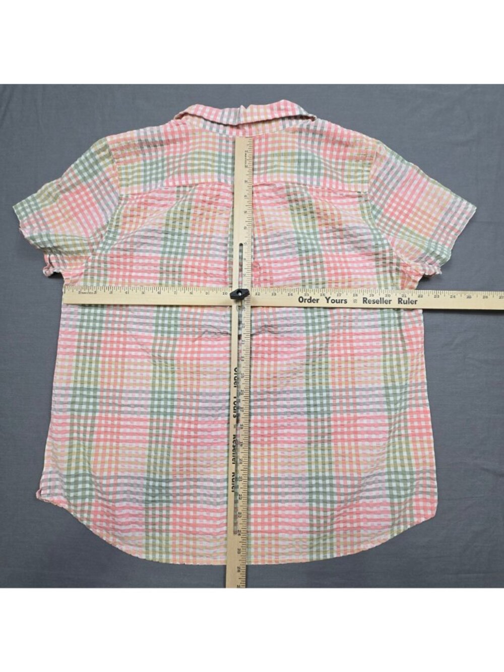 LL Bean Large Womens Short Sleeve Button-Front Plaid Shirt Pink/Green 100 Cotton - Picture 4 of 4